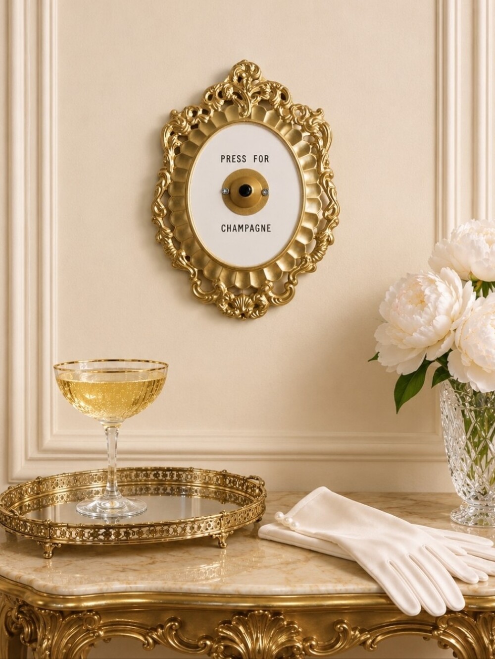Press For Champagne Gold Tone Doorbell Party Humourous Metal Princess Wall Art